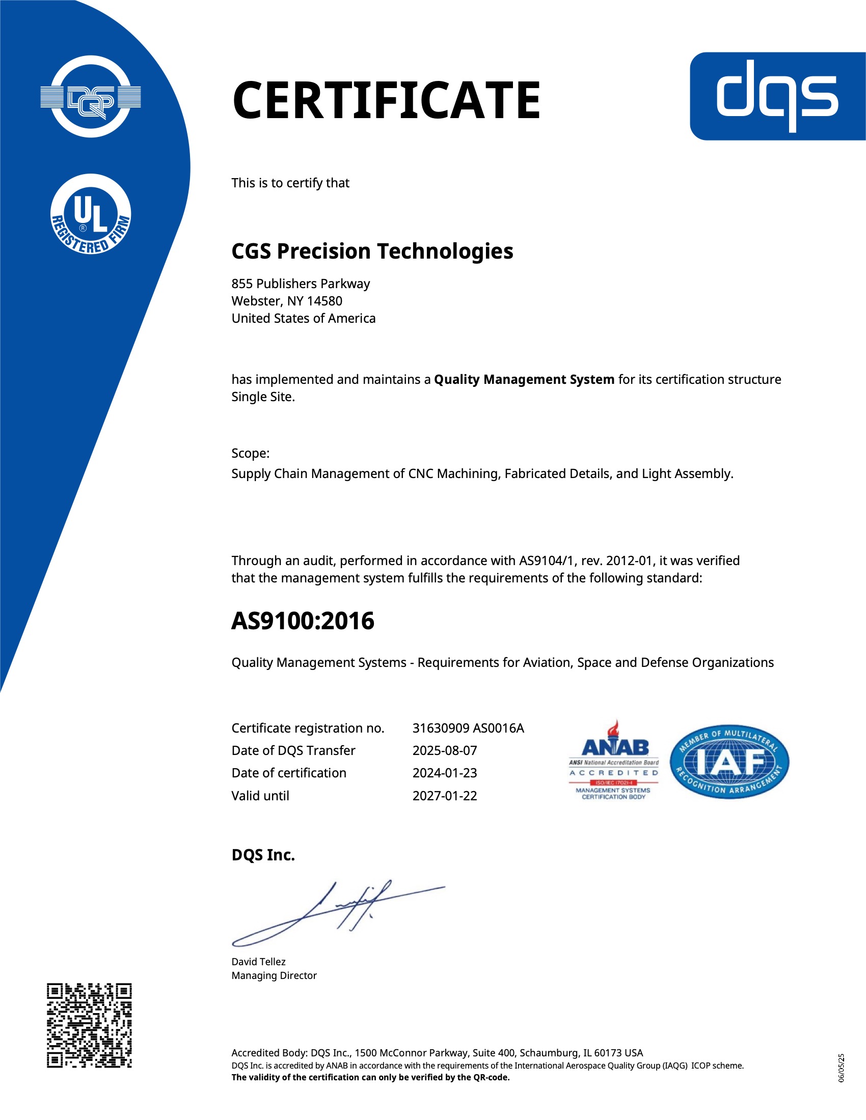 AS9100-2016 Certificate